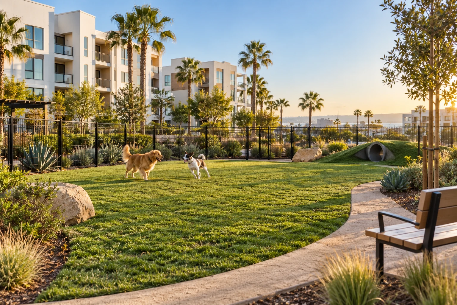 Dogs enjoying a landscaped outdoor community dog park