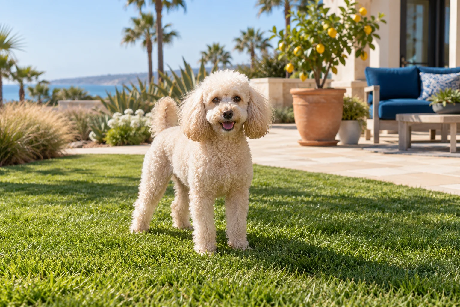 A groomed poodle enjoying a sunny lawn beside a coastal patio