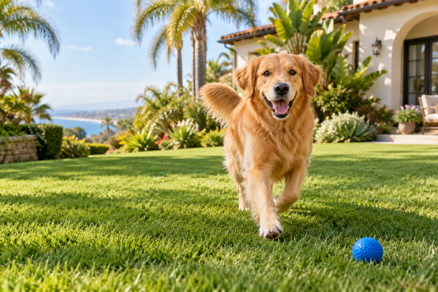 A dog enjoying a sunny outdoor yard
