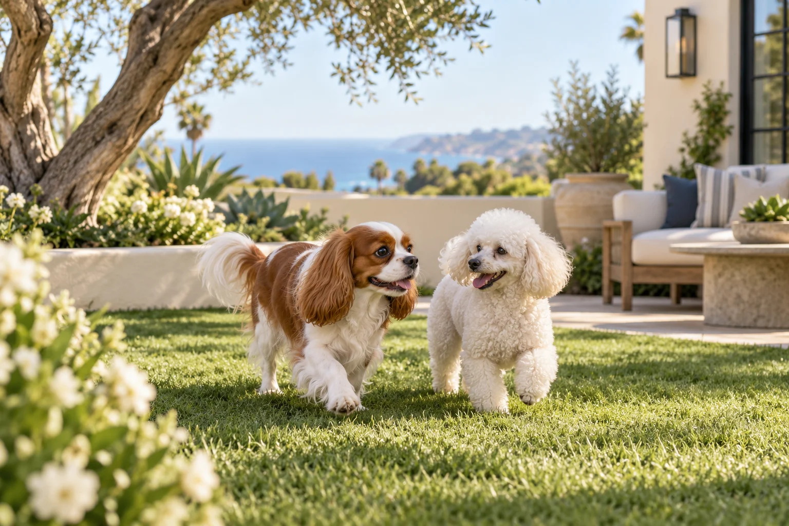 Small companion dogs enjoying a landscaped courtyard