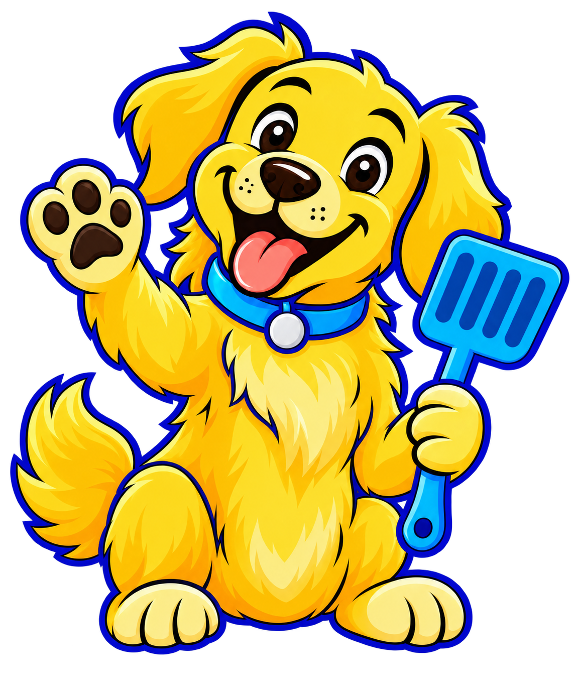 Scooper Daddy’s cheerful golden dog holding a scoop